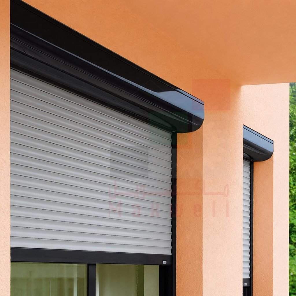 Modern grey rolling shutters installed on a residential building window