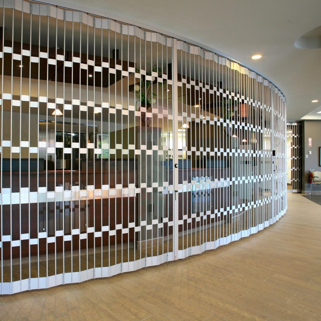 Secure curved rolling shutters Dubai by Maxwell Shutters protecting a