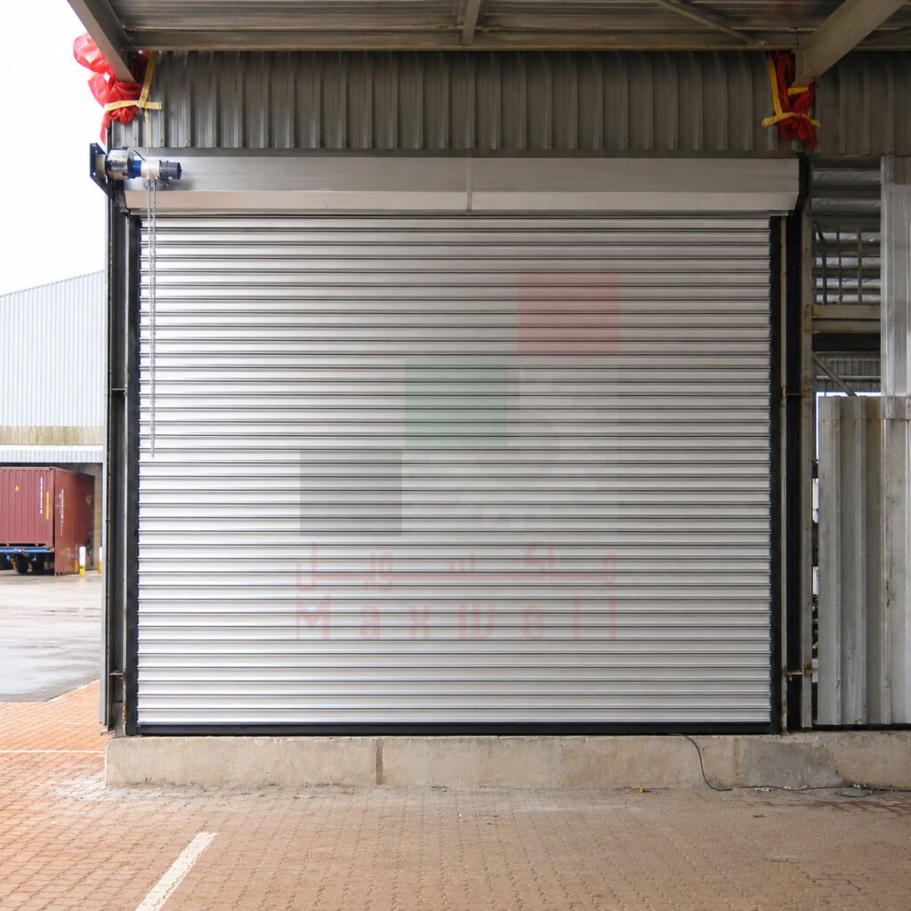 Maxwell industrial rolling shutters installed on a commercial warehouse in