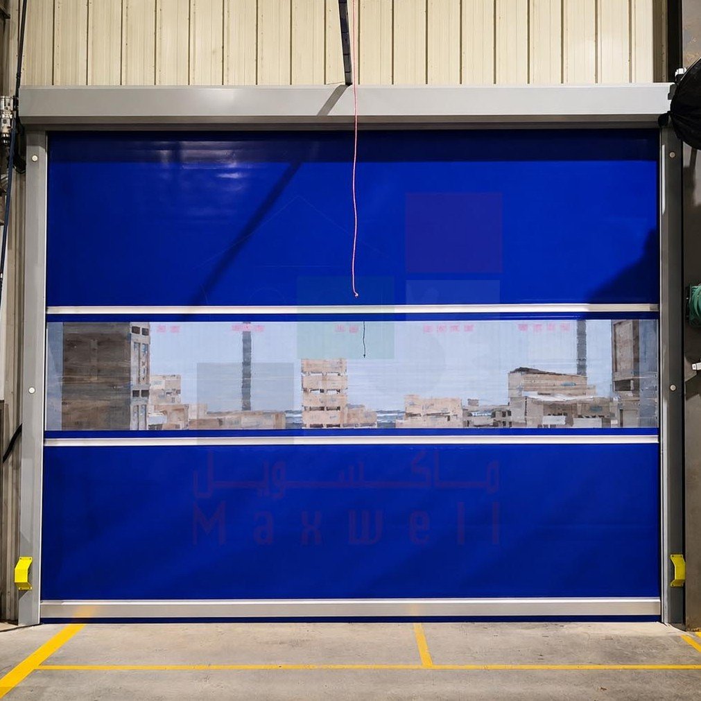 Blue automatic rolling shutters by Maxwell Shutters installed in a