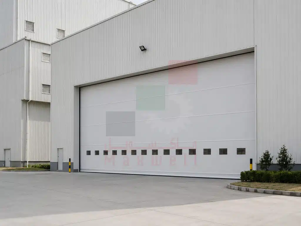Grey sectional garage door on a commercial building exterior in Dubai