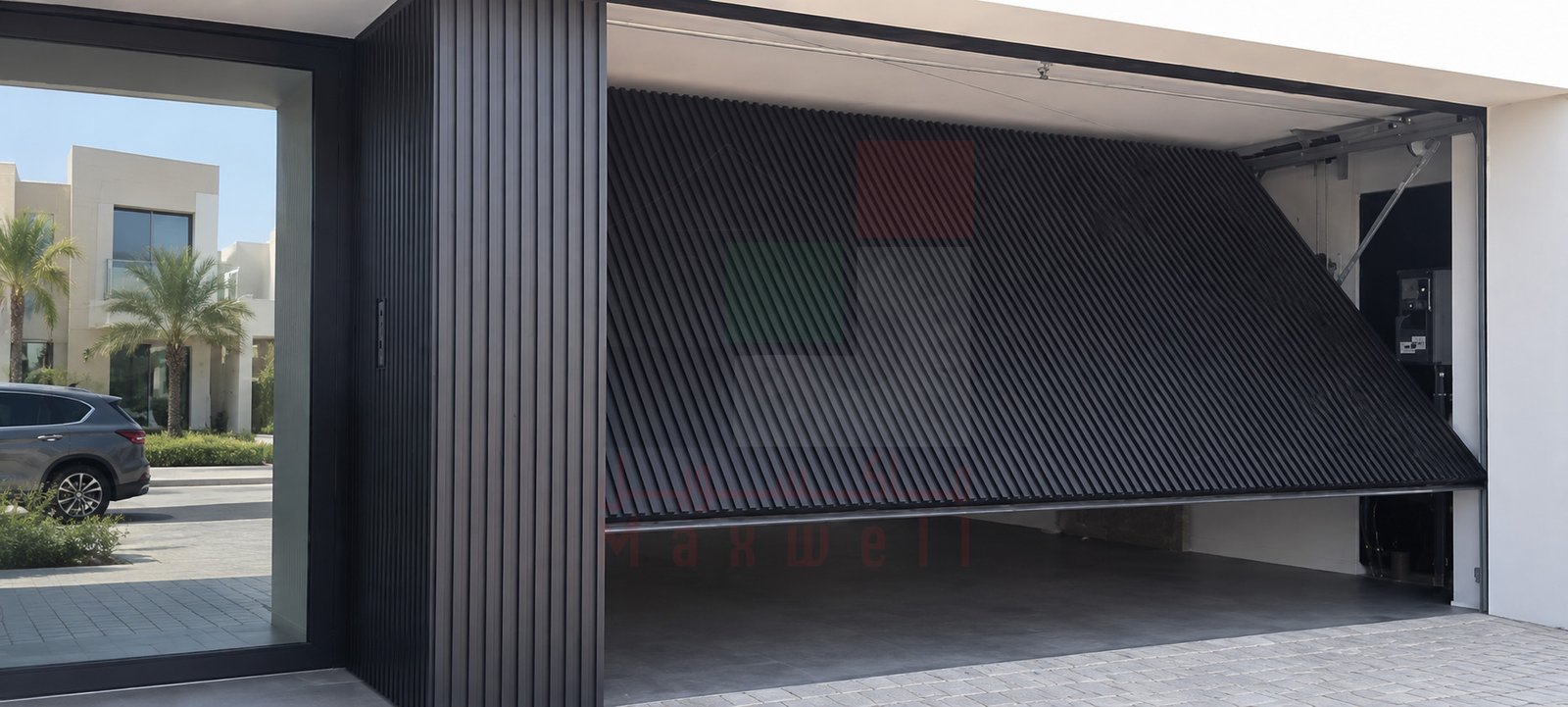 Special purpose garage door with modern exterior design