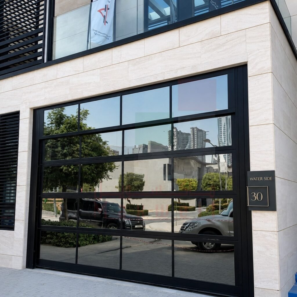 Modern black-framed glass sectional garage doors in Dubai by