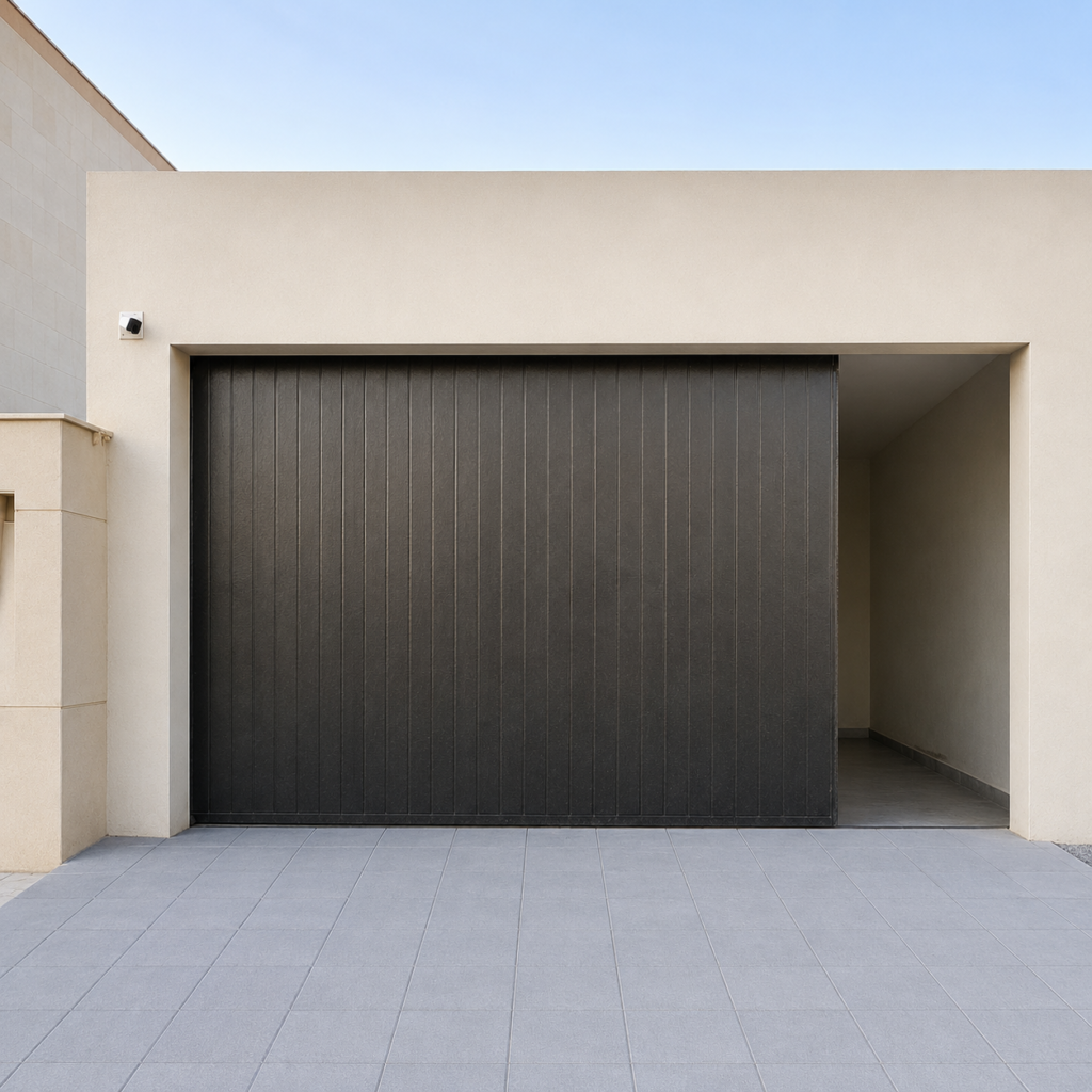 Modern dark grey custom garage doors on a villa