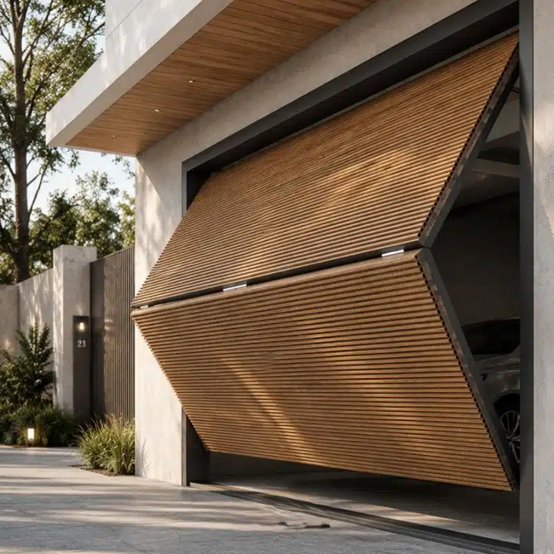 Modern wooden overhead garage door opening, showcasing contemporary design.