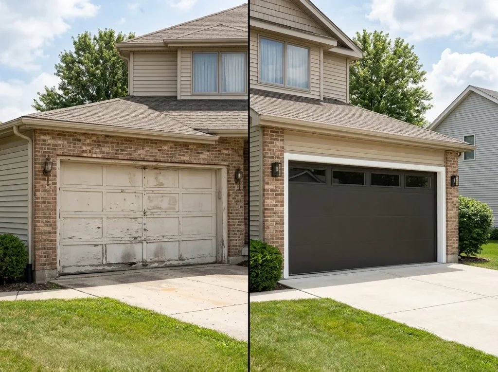 Before and after of a professionally installed garage door