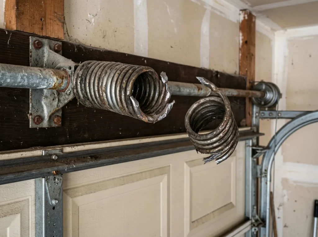 Broken garage door spring repair: snapped torsion spring on a garage door.