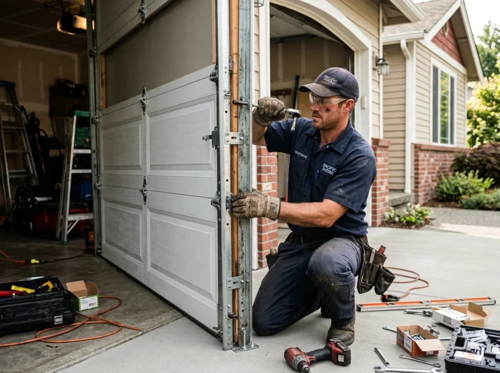 Close up of garage door rollers tracks and installation hardware