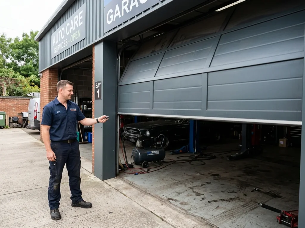 Mechanic using remote for garage door replacement, auto care bay