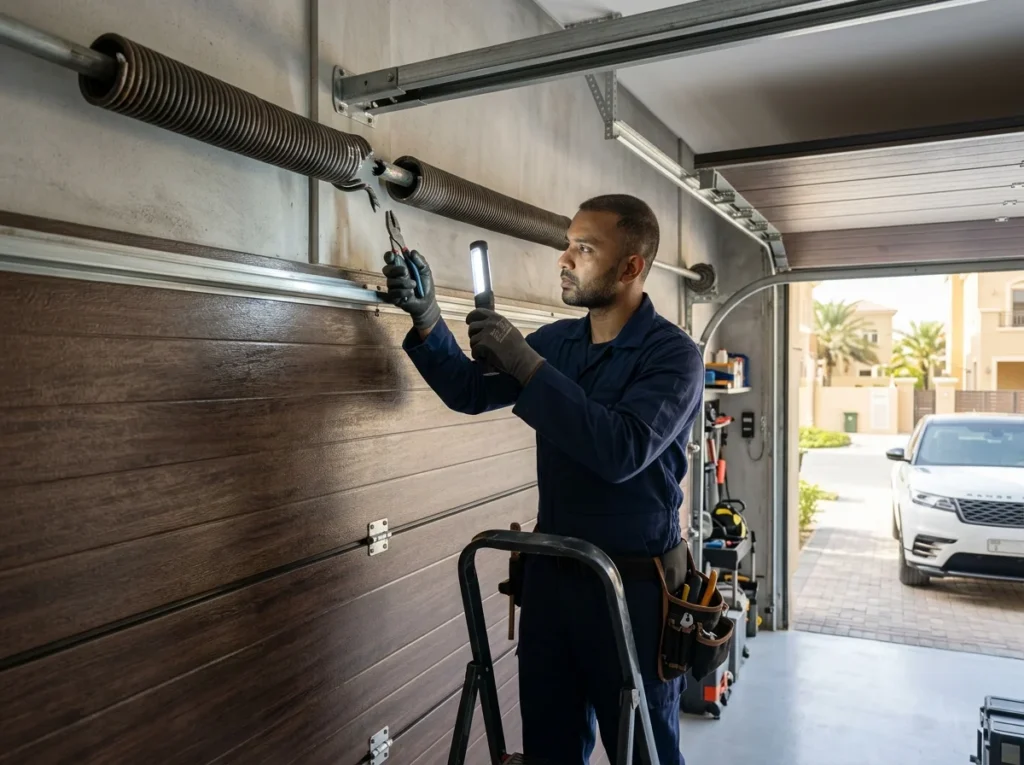 Man repairing a broken garage door spring with tools.