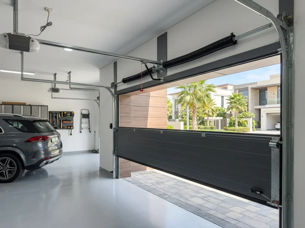 Garage door with broken spring, ready for repair.