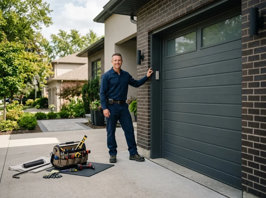 Technician by garage door, ready for broken spring repair.
