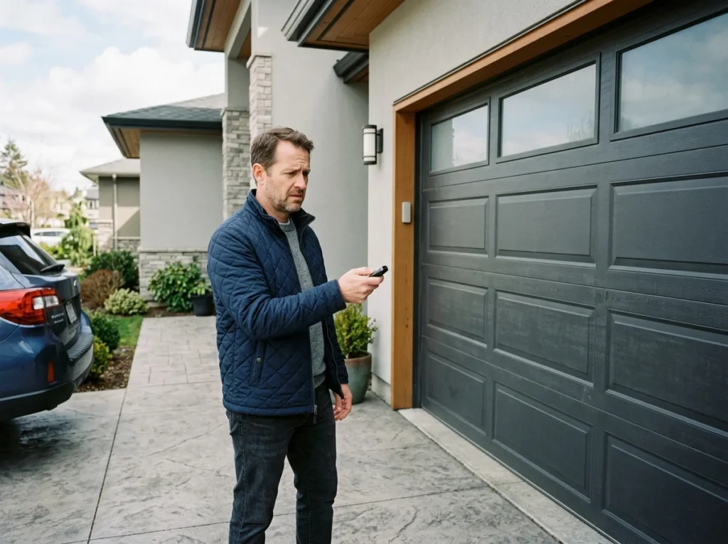 Man using garage door remote for door remote replacement.