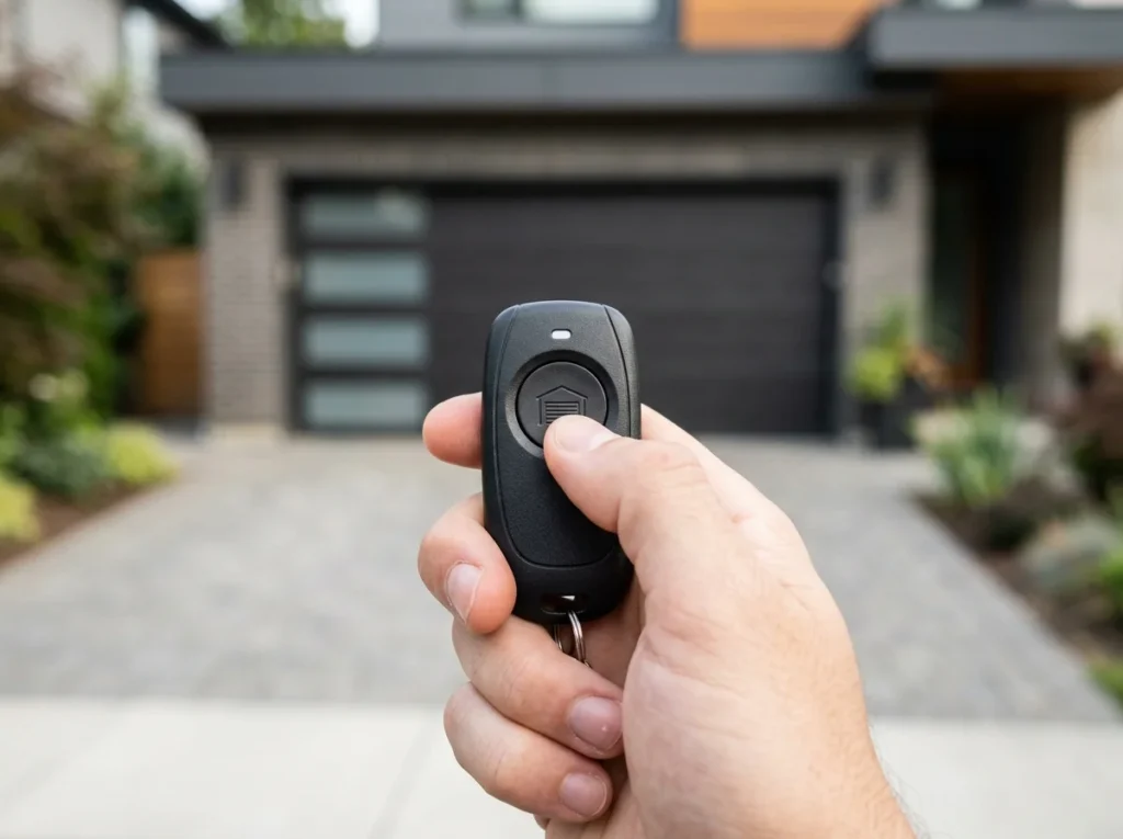 Hand holding garage door remote opener, ready for door remote replacement.