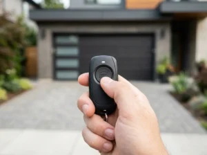 How to Buy a Garage Door in UAE - Complete 2026 Buying Guide 7 Hand holding garage door remote opener, ready for door remote replacement.