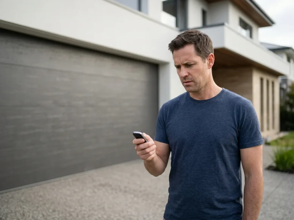 Man using phone for garage door remote replacement