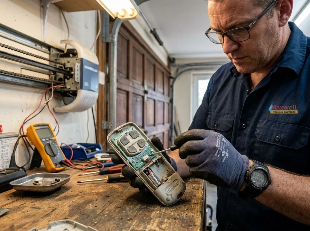 Technician repairing a garage door remote, part of a door remote replacement.