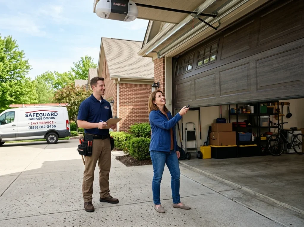 Technician helps woman with garage door remote replacement