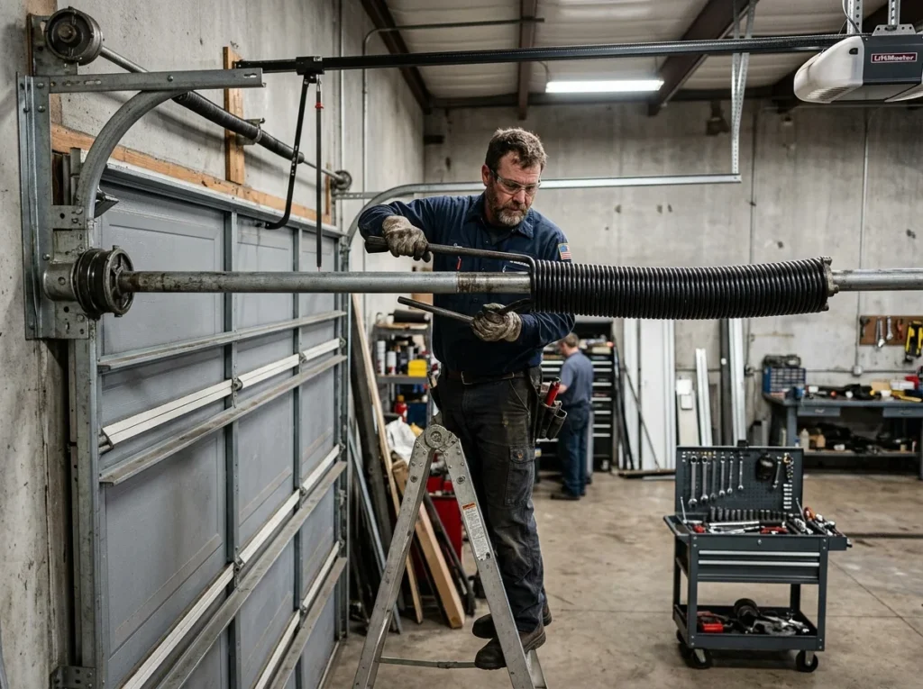 Garage Door Broken Spring Repair 24 Man repairing a broken garage door spring on a ladder