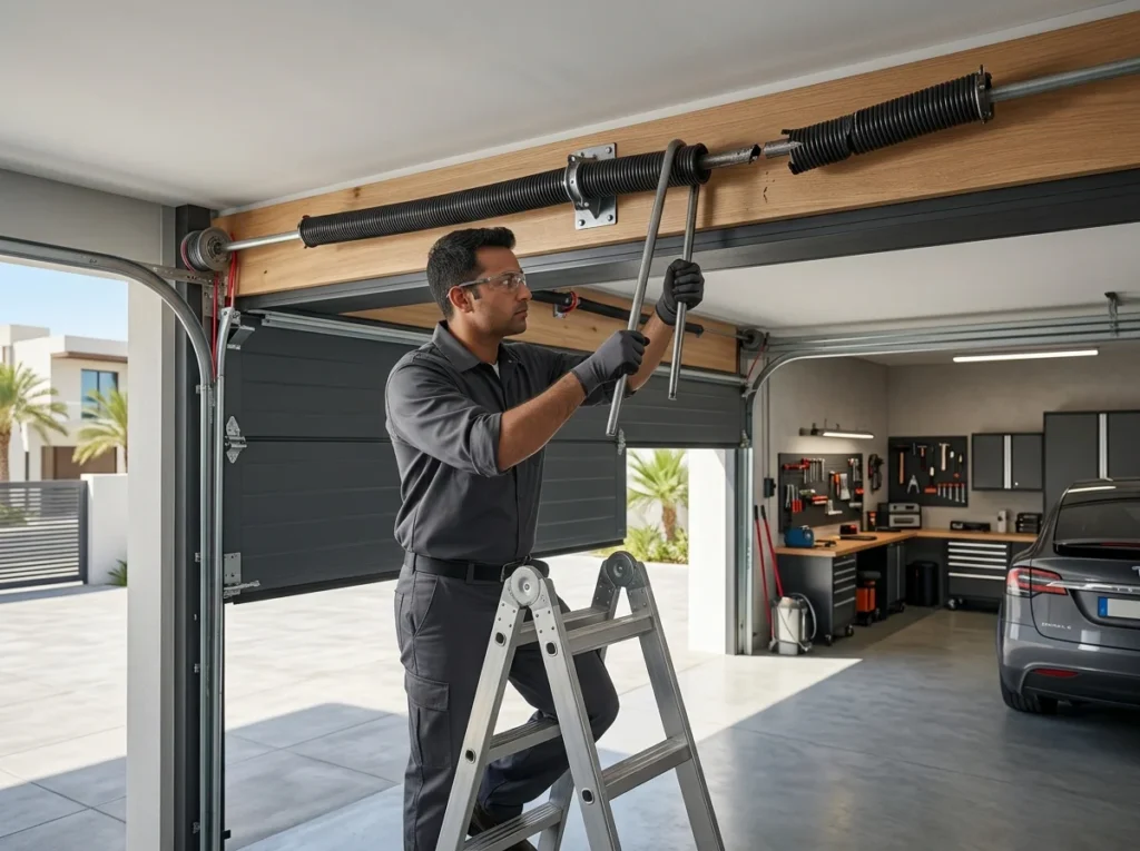 Technician performing garage door broken spring repair on ladder