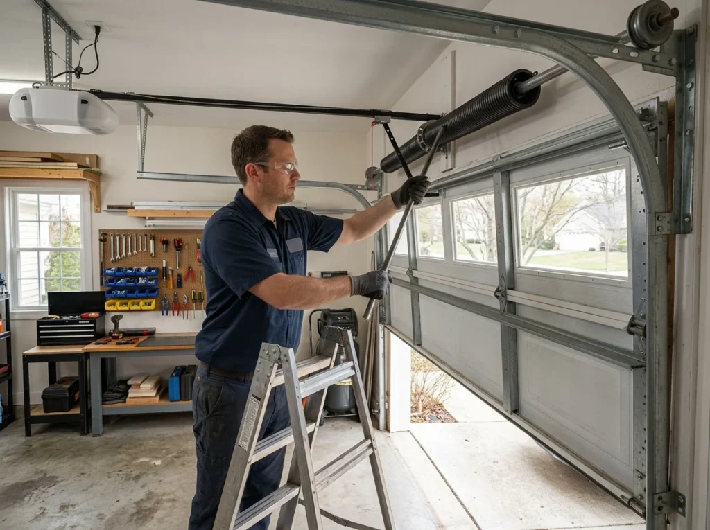 Man repairing a broken garage door spring with tools and ladder