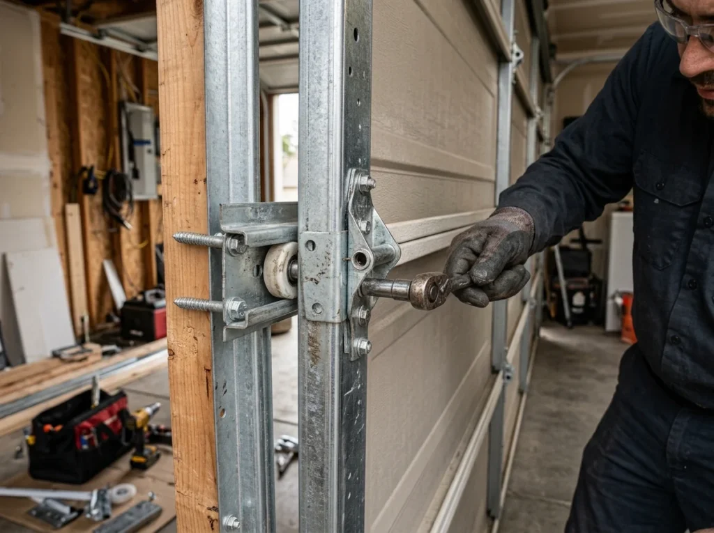 Professional garage door installation technician installing a new garage door
