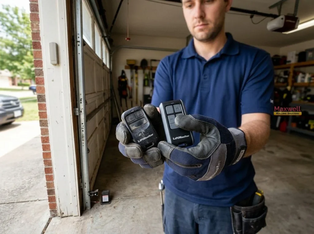 Man holding garage door remotes, showing options for door remote replacement.