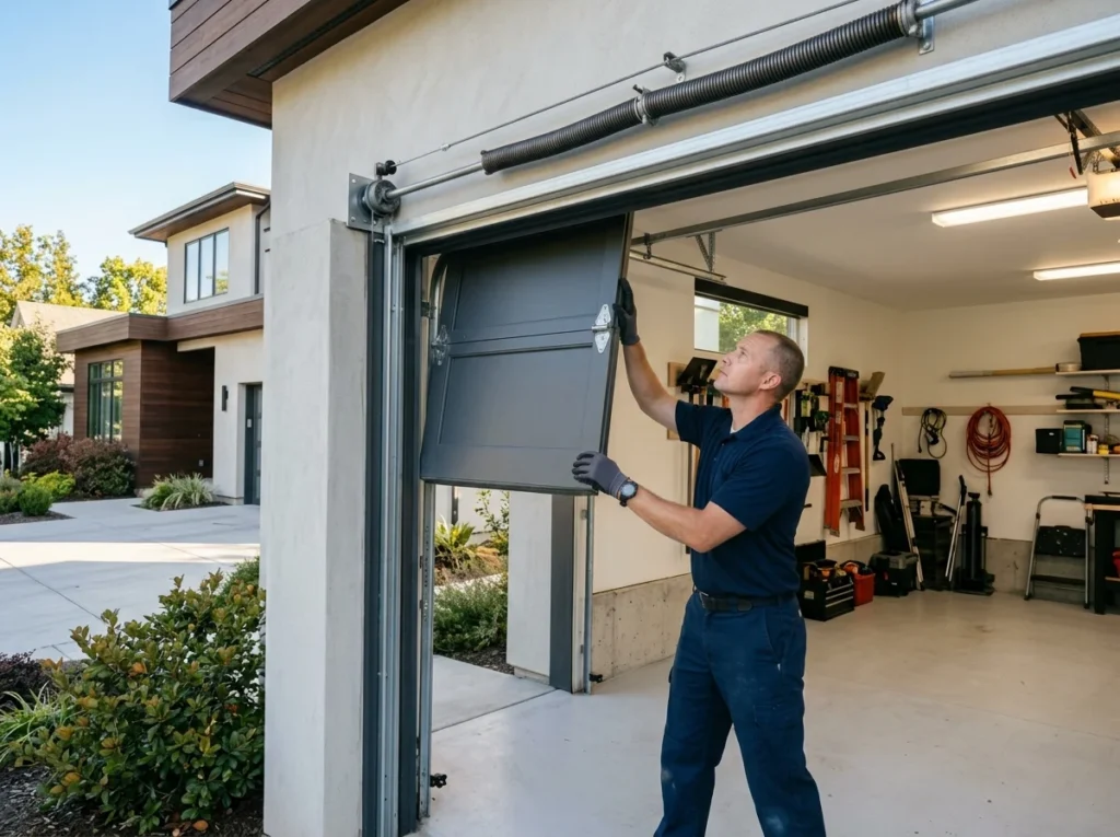 Garage door repairman working on a broken spring for a garage door repair.