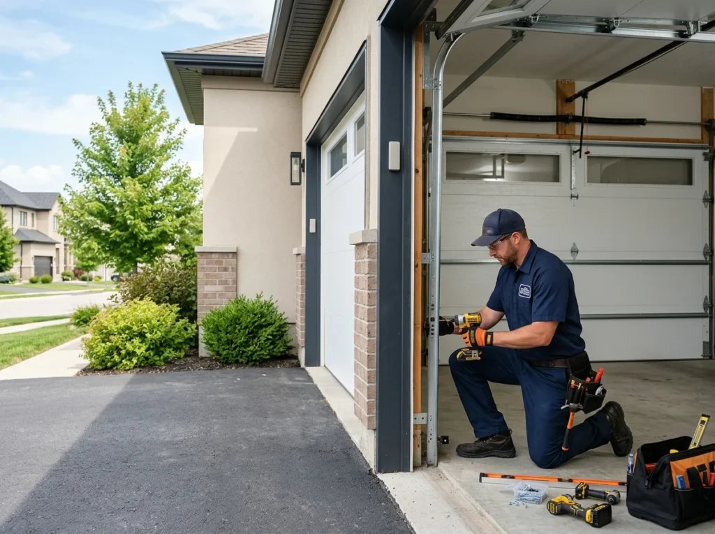Technician inspecting a newly installed garage door
