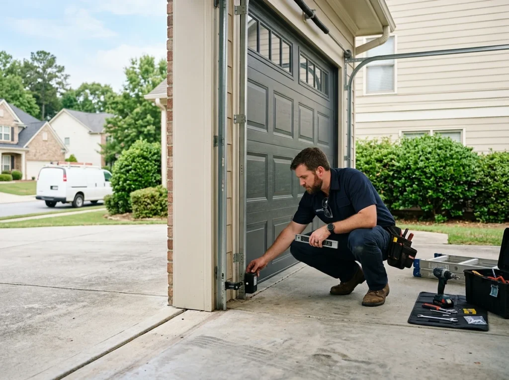 Technician installing garage door tracks and hardware