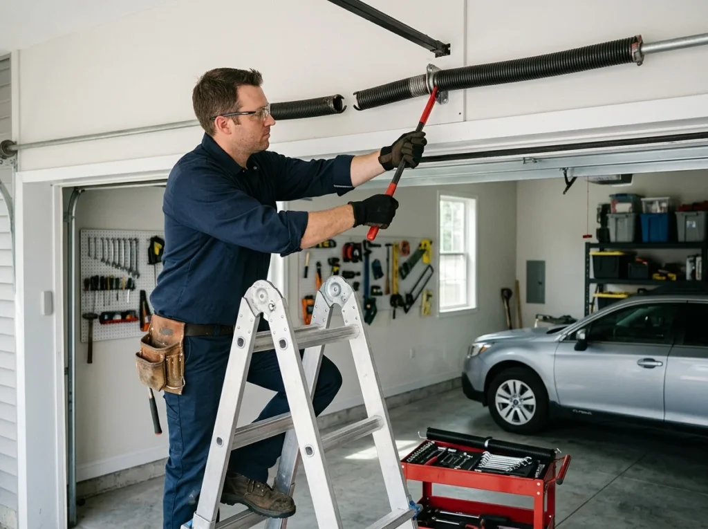 Man on ladder repairing garage door broken spring with tools