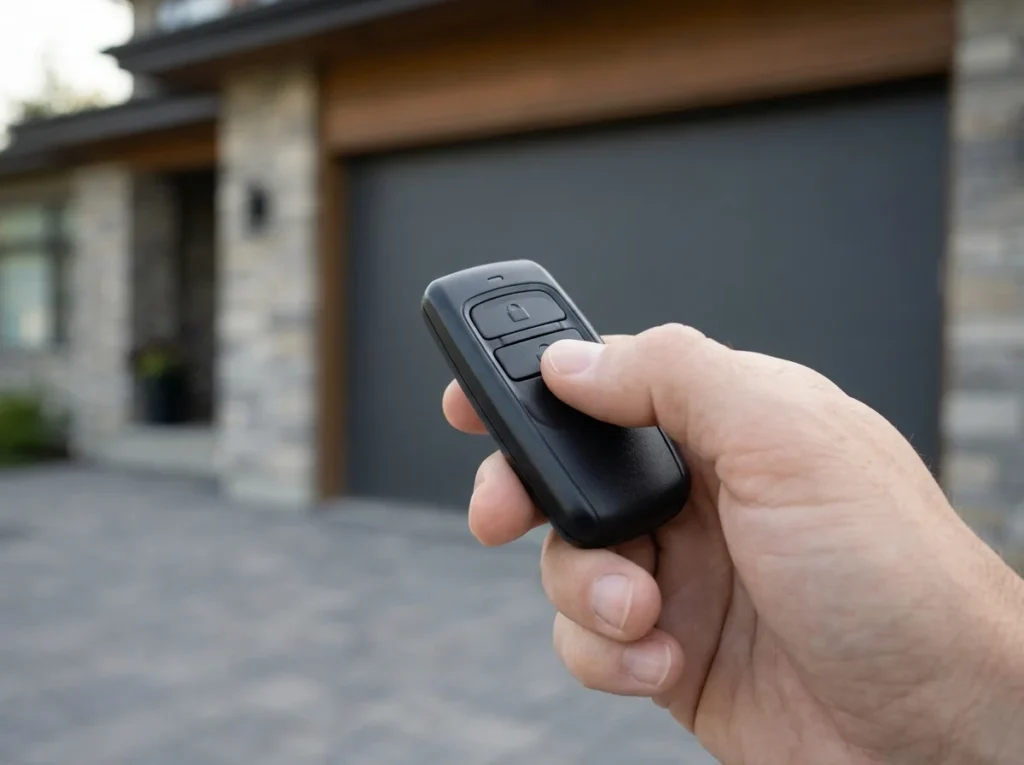 Hand holding garage door remote, ready for door remote replacement.